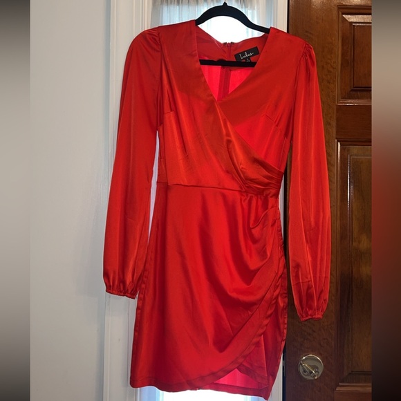 Lulus Late Night Rendezvous Red Satin Long Sleeve Dress Size Small Surplus Neck - Picture 2 of 10
